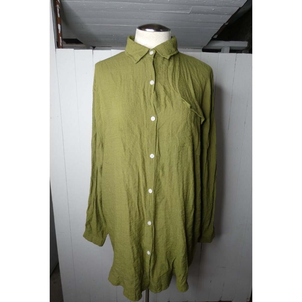 Zoye Chen Women's XL Green Woven Button Up Tunic Top Long Sleeve Viscose Gauzy